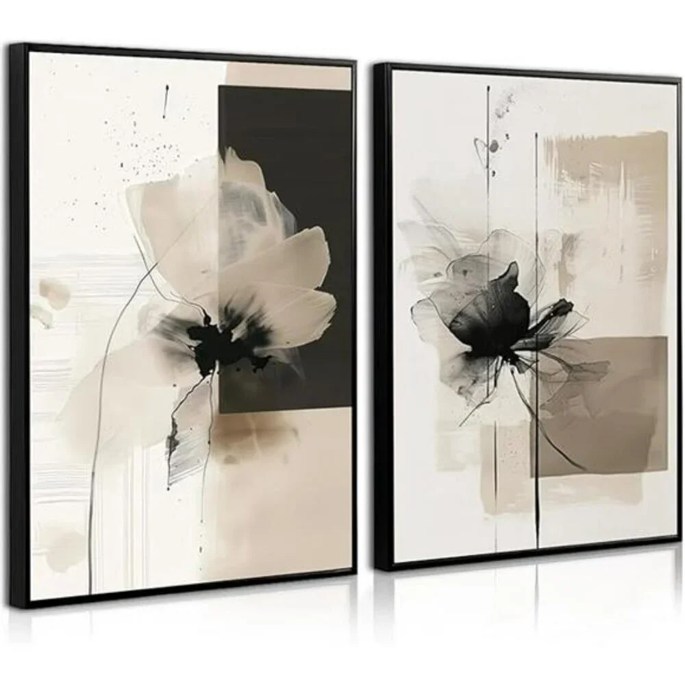 Modern abstract floral wall art neutral beige black canvas prints set of 2 decor